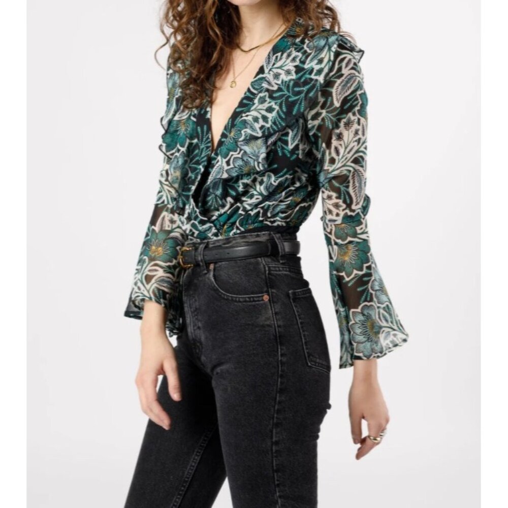 Band of the Free NWT Bonnie Emerald Floral Long Sleeve Bodysuit Sz Medium Womens